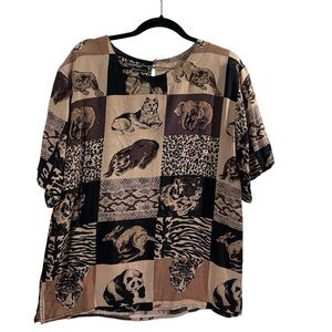 FU DA 100% Silk Animal Print Patchwork Blouse Size M Vintage Safari Top